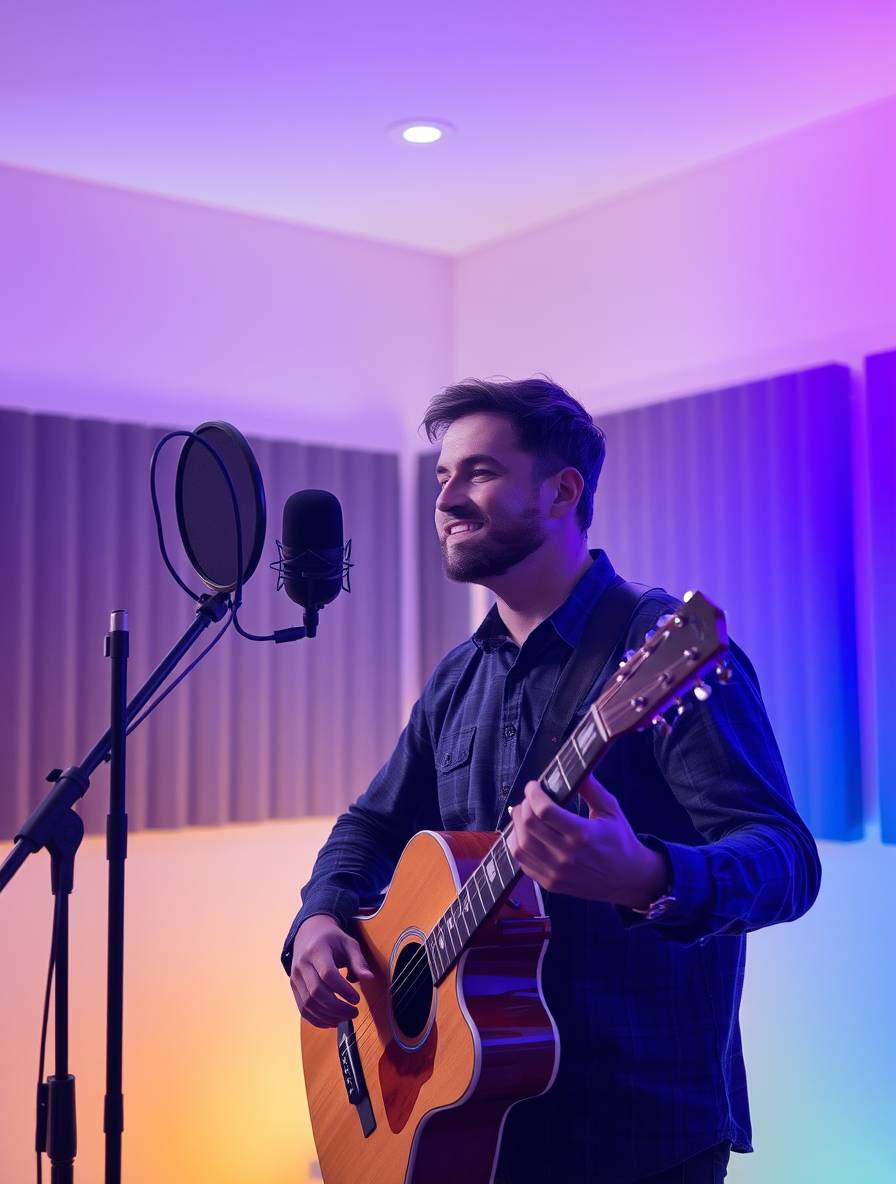 A man with a microphone and guitar in a music recording studio, smooth gradient transition, seamless color blending, mystic enchanting environment, gentle color contrasts, dreamlike atmosphere